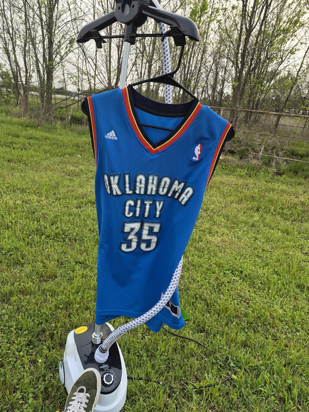 adidas Blue Oklahoma City Basketball Jersey #35 with Red and Yellow Trim